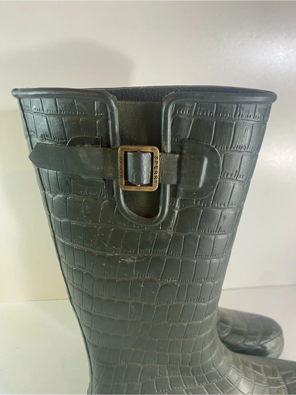 Sperry Top Sider Faux Crocodile Green Rubber Rain Boots Size 8